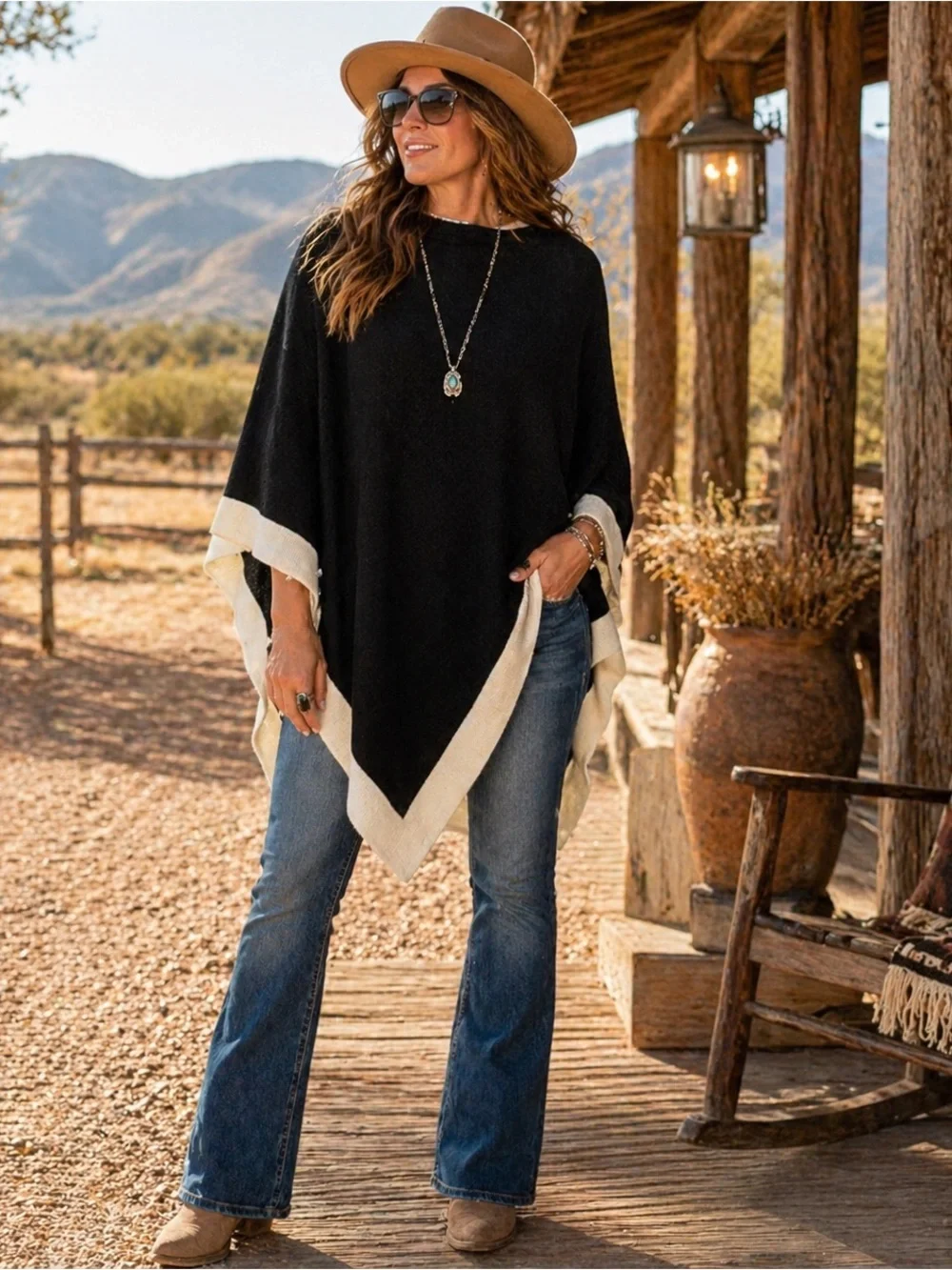 Eyeful Black Ivory Colorblock Poncho Sweater Wrap OS NWT